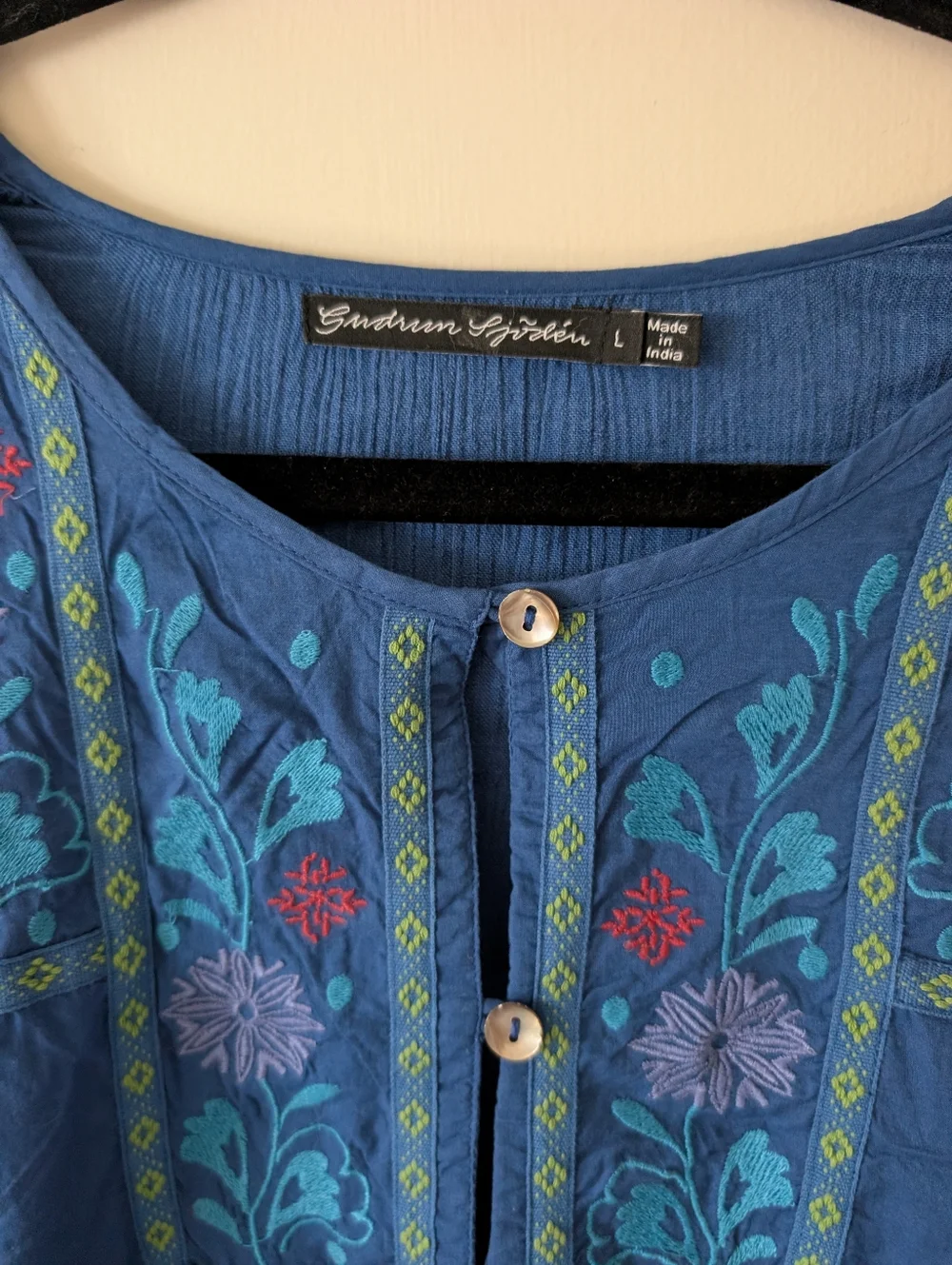 Gudrun Sjoden Embroidered Cotton Floral Folklore Button Down Mini Dress Size L - Picture 3 of 8